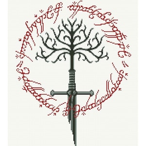 May include: A black and white cross-stitch design of a tree with a sword underneath. The tree is surrounded by a circle of red text that reads "One Ring to rule them all, One Ring to find them, One Ring to bring them all, and in the darkness bind them."