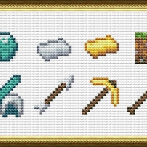 Puede incluir: Un conjunto de patrones de punto de cruz con temática de Minecraft que presentan varios elementos del juego, incluyendo una esmeralda verde, un bloque de piedra gris, una pepita de oro, un bloque de tierra, una espada verde, un pico gris, un pico de oro y una pala gris.