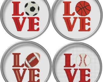 Set of 4 Sport Cross stitch pattern Love Football Soccer Baseball Вasketball PDF Cross-stitch chart Sport gift Fans gift Fathers Day gift
