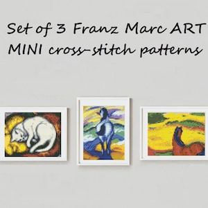 May include: Set of 3 Franz Marc ART MINI cross-stitch patterns. The patterns feature a sleeping cat, a blue horse, and a red horse.
