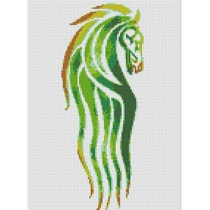 May include: Green and yellow abstract horse head design, created with cross-stitch.
