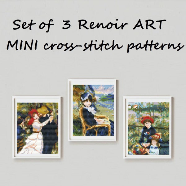 Set of 3 August Renoir Mini cross stitch pattern Pierre Auguste Renoir painting Dance Bougival Two Sisters Renoir Mini art Small masterpiece