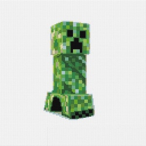 Puede incluir: Un personaje Creeper verde de Minecraft con una cara negra y un cuerpo cuadrado. El Creeper está de pie sobre un fondo blanco.