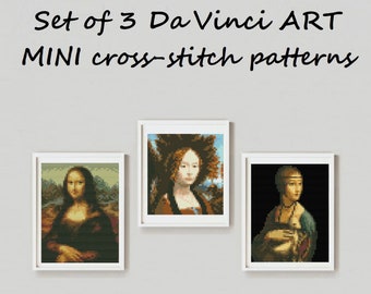 Set of 3 Leonardo da Vinci Mini cross stitch pattern Mona Lisa La Joconde pattern Ginevra Benci Da Vinci painting Mini art Small masterpiece