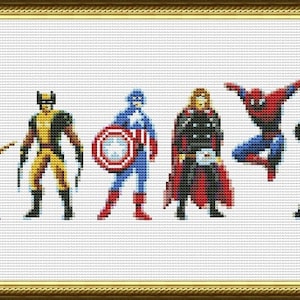 May include: Cross-stitch pattern featuring a line of eight superheroes, including Iron Man in red and gold, Hawkeye in purple and black, Wolverine in yellow and brown, Captain America in blue and red, Thor in red and gold, Spiderman in red and blue, Black Widow in black, and the Hulk in green.