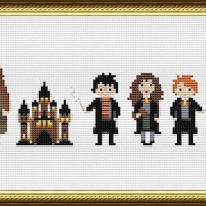 May include: Cross-stitch pattern featuring characters from the Harry Potter series, including Harry Potter, Ron Weasley, Hermione Granger, Albus Dumbledore, Rubeus Hagrid, and the Hogwarts castle. The pattern also includes a book, a hat, a bird, and a wand.