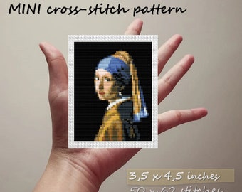 Mini Cross stitch pattern Girl with Pearl Earring Johannes Vermeer painting Tiny Artwork PDF chart Mini Art cross-stitch Small masterpiece