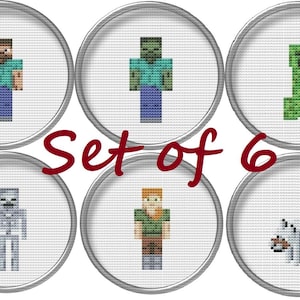 Peut inclure: Ensemble de six dessous-de-verre ronds blancs avec une bordure argentée représentant des personnages de Minecraft. Les personnages incluent Steve, Steve zombie, Creeper, Squelette, Alex et un loup.