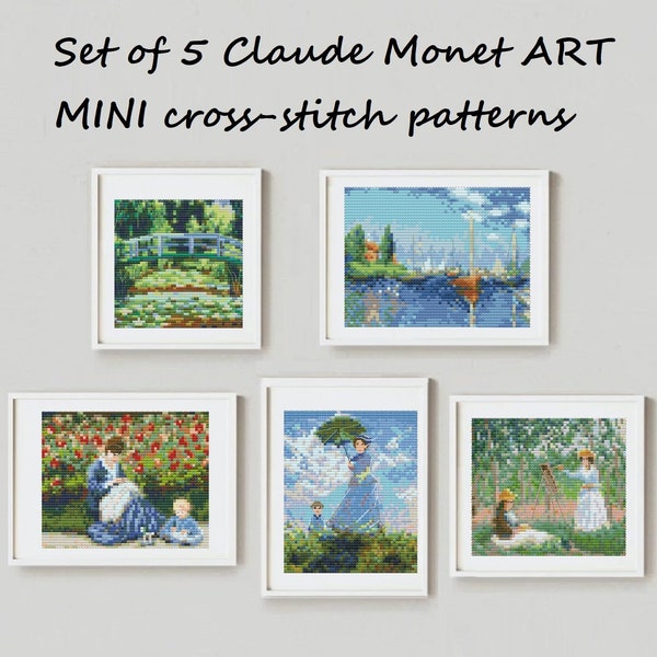 Set of 5 Claude Monet Mini cross stitch pattern Claude Monet painting Water Lilies pond Bridge Boats Argenteuil Mini art Small masterpiece