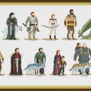 Puede incluir: Un punto de cruz enmarcado con personajes pixelados de una serie de fantasía. La obra de arte incluye figuras con varios atuendos, un dragón y un lobo huargo. La paleta de colores incluye rojos, azules, verdes y marrones.