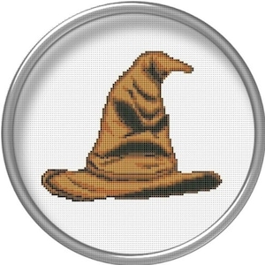 May include: A brown and black wizard's hat with a pointed top and a wide brim. The hat has a wrinkled, textured surface and a face-like design.