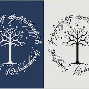 May include: A white tree with a white circle of text around it on a blue background. The text is in a script font and says "One Ring to rule them all, One Ring to find them, One Ring to bring them all and in the darkness bind them." The same image is shown on a white background with black text and a black tree.