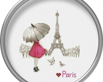 Parijs kruissteekpatroon Love Girl rode paraplu Frankrijk pdf-kaart borduurontwerp Eiffeltoren stadsgezicht geteld x-stitch cadeau voor haar
