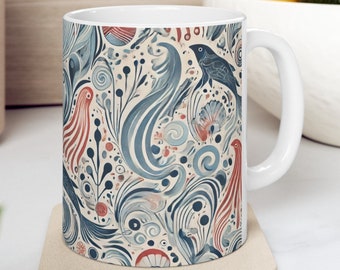 Caneca de cerâmica Sea Creature Art - Xícara de café com padrão finlandês inspirado em Marimekko