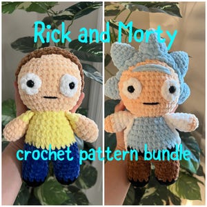 May include: Two plush crochet dolls representing Rick and Morty characters. The left doll has brown hair, a yellow shirt, and blue pants. The right doll has spiky light blue hair and a white lab coat. Text reads Rick and Morty crochet pattern bundle.