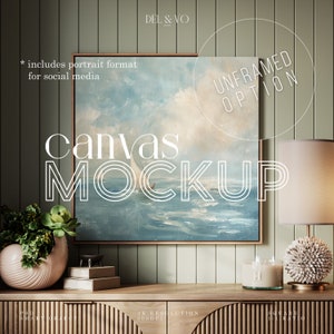 May include: A mockup of a canvas print with a seascape painting. The print is unframed and is sitting on a wooden shelf with a decorative vase and candle. The text "UNFRAMED OPTION" is visible in the top right corner of the image. The text "canvas MOCKUP" is visible in the center of the image.