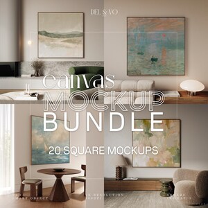 Op de afbeelding: Een mockup-bundel met vier vierkante canvas kunstprints in een modern interieur. De afbeelding toont de tekst "Canvas Mockup Bundle" en "20 Square Mockups". De kunstprints tonen landschaps- en abstracte schilderijen, met een neutraal kleurenpalet.