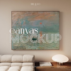 May include: A framed canvas mockup showing a painting of a sunset over water with a boat. The painting has a gold frame and is displayed above a wooden table with a lamp and a book. The words "canvas mockup" are overlaid on the painting.
