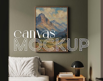 May include: A mockup of a canvas print with a landscape painting of mountains and clouds. The canvas is hanging on a green wall in a bedroom setting with a bed, nightstand, and lamp.
