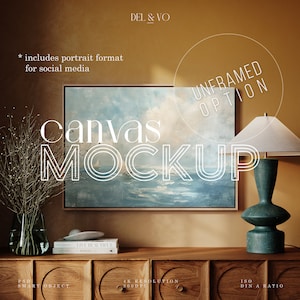 Mockup de moldura flutuante rústica de tela horizontal DIN A Mockup para impressão de arte de parede Mockup digital PSD Mockup de console interior elegante Photoshop