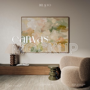 Mockup de tela horizontal 3x4 proporção flutuante moldura mockup para impressão de arte de parede mockup digital PSD sala de estar interior grande mockup Photoshop