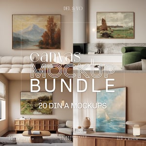 Op de afbeelding: Een canvas mockup bundel met vier ingelijste landschapsschilderijen in een moderne woonkamer. De afbeelding bevat de tekst "canvas MOCKUP BUNDLE" en "20 DIN A MOCKUPS". De schilderijen tonen scènes van bergen, bomen en zeegezichten.