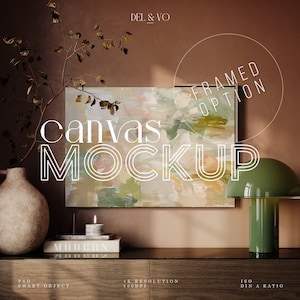 May include: A framed canvas mockup with a colorful abstract painting. The canvas is hanging on a brown wall above a wooden dresser with a vase, candle, and books. The text "FRAMED OPTION" is visible in a circle above the canvas.
