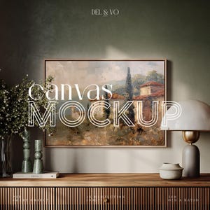 Horizontales Leinwand Mockup DIN A Float Rahmen Mockup für Wand Kunstdruck Mockup Digitales PSD Stilvolles Interieur Mockup