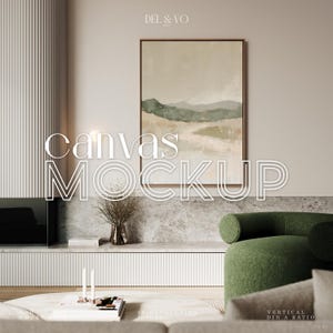 May include: A mockup of a canvas print featuring a landscape painting in muted green and brown tones. The print is displayed on a wall in a contemporary living room with a green armchair and a white shelf.