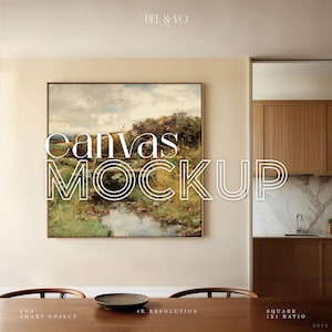 May include: A framed canvas mockup showing a landscape painting with a river and trees. The canvas is displayed on a cream wall above a wooden table. The text "canvas mockup" is overlaid on the image.