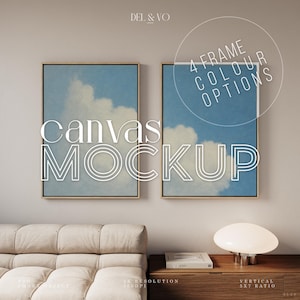 Könnte beinhalten: Zwei gerahmte Leinwand-Mockups mit einem Design aus blauem Himmel und Wolken. Die Rahmen sind goldfarben. Der Text "canvas MOCKUP" wird in großen weißen Buchstaben angezeigt. Der Text "4 FRAME COLOUR OPTIONS" ist ebenfalls vorhanden.