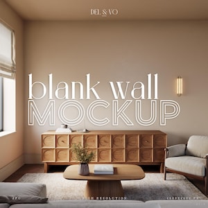 Peut inclure: Maquette d'intérieur d'un salon avec un meuble en bois, une table basse et un fauteuil. Le texte "blank wall MOCKUP" est affiché en blanc. La pièce a une palette de couleurs neutres.