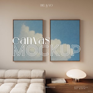 Tvåinramad canvastavla, vertikal 5x7-format, flytande ram, mockup för väggkonst, diptyk, digital PSD, interiör, stor mockup, Photoshop