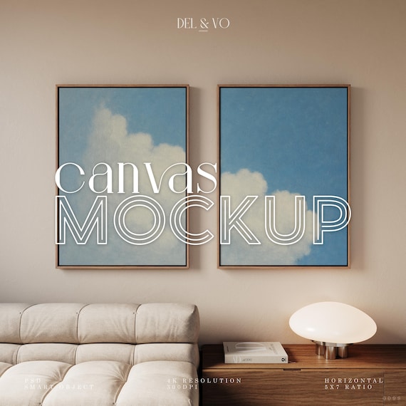 Two Framed Canvas Mockup Vertical 5X7 Ratio Float Frame Mockup for Wall Art Print Diptych Mockup Digital PSD Interior Large Mockup Photoshop