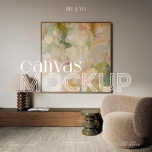 Quadratischer Leinwand Mockup 1x1 Ratio Float Rahmen Mockup für Wand Kunst Druck Mockup Digital PSD Living Interior Großes Mockup Photoshop