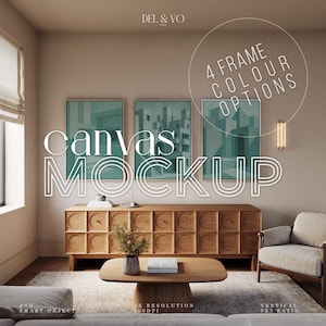 Maqueta de tríptico vertical enmarcado de tres lienzos (relación 5x7), con marco flotante, para impresión artística en pared, formato PSD digital, para interiores, maqueta grande en Photoshop.