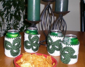 St. Patricks Day, Can Cozies, Crochet, White, Green, Beverage holders