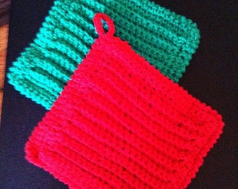 Hot Pads Red, Green, Potholders, Crochet, Kitchen Accessories