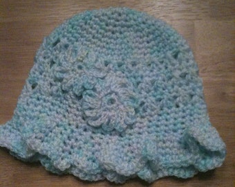 Teal, blue white ruffly brim bucket hat