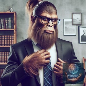 May include: A furry, humanoid figure wearing a dark suit and tie, adjusting their tie with one hand. The figure has a long, dark ponytail and is wearing glasses. The background features a bookshelf and framed pictures.