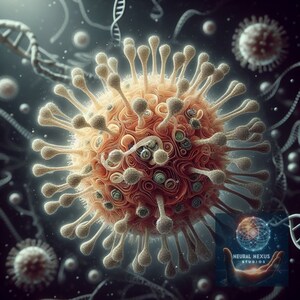 Puede incluir: Una ilustración 3D detallada de un virus con una superficie texturizada de color naranja y marrón. El virus tiene muchas púas que sobresalen de su superficie. El fondo es oscuro y borroso, con algunas hebras de ADN visibles.