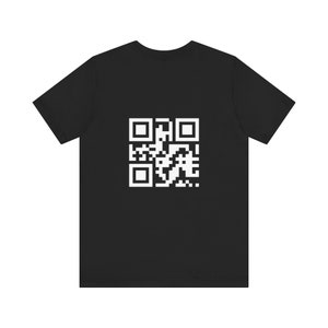 May include: A black t-shirt with a white QR code printed on the front.