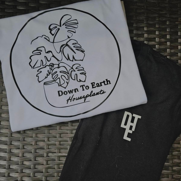 DTEH basic tee down-to-earth houseplants t-shirt basic t-shirt with Monstera Leaf logo small plant shop merch upcoming small shop