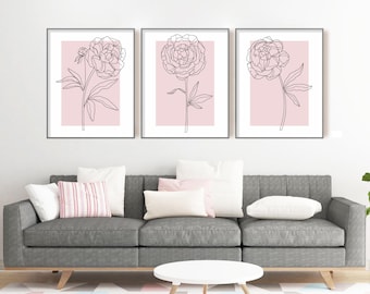 Juego de 3 piezas de arte de pared rosa, decoración de pared botánica, arte de pared con plantas, arte botánico, decoración rosa para el hogar, impresión de pared con flores, arte de pared rosa, arte lineal