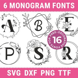 Op de afbeelding: Zes monogram-lettertypen met decoratieve bloemelementen. De letters A, B, E, P, S en R worden in verschillende stijlen weergegeven. De tekst "FREE + DECORATIVE FONTS 16" is ook inbegrepen. De afbeelding is in zwart-wit.