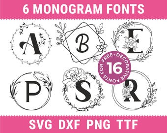 Paquete SVG de fuentes de monograma, 6 fuentes, monograma circular svg, letras de monograma PNG, corona con iniciales, fuente de letras divididas, archivos TTF instalables