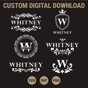 Op de afbeelding: Zes verschillende logo-ontwerpen voor de naam "Whitney" met een gestileerde letter W en sierlijke versieringen. De logo's zijn wit op een zwarte achtergrond. De bestandsformaten SVG, DXF en PNG staan ​​onder de logo's.