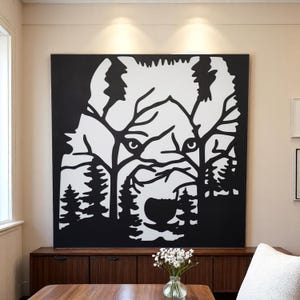 Decorazione murale personalizzata con silhouette di lupo nella foresta / Decorazione paesaggistica con rami di albero fatti a mano / Insegna in legno a tema naturalistico / Dipinto con scena di natura selvaggia.