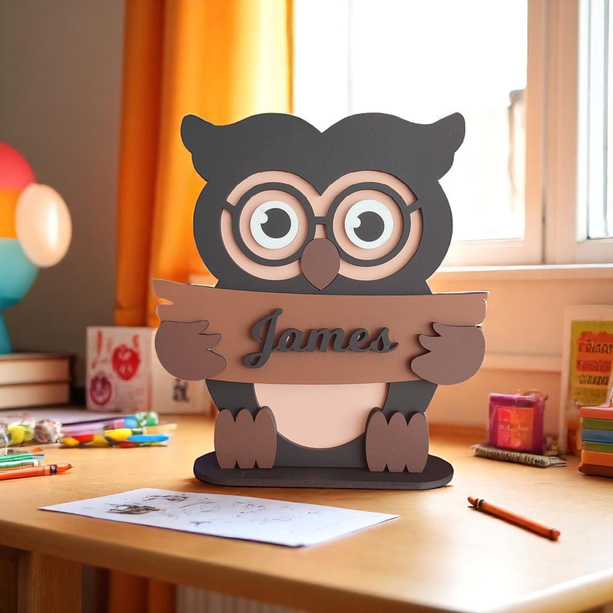 Personalized Owl Desk Decor: Hand-Painted MDF Nursery Art