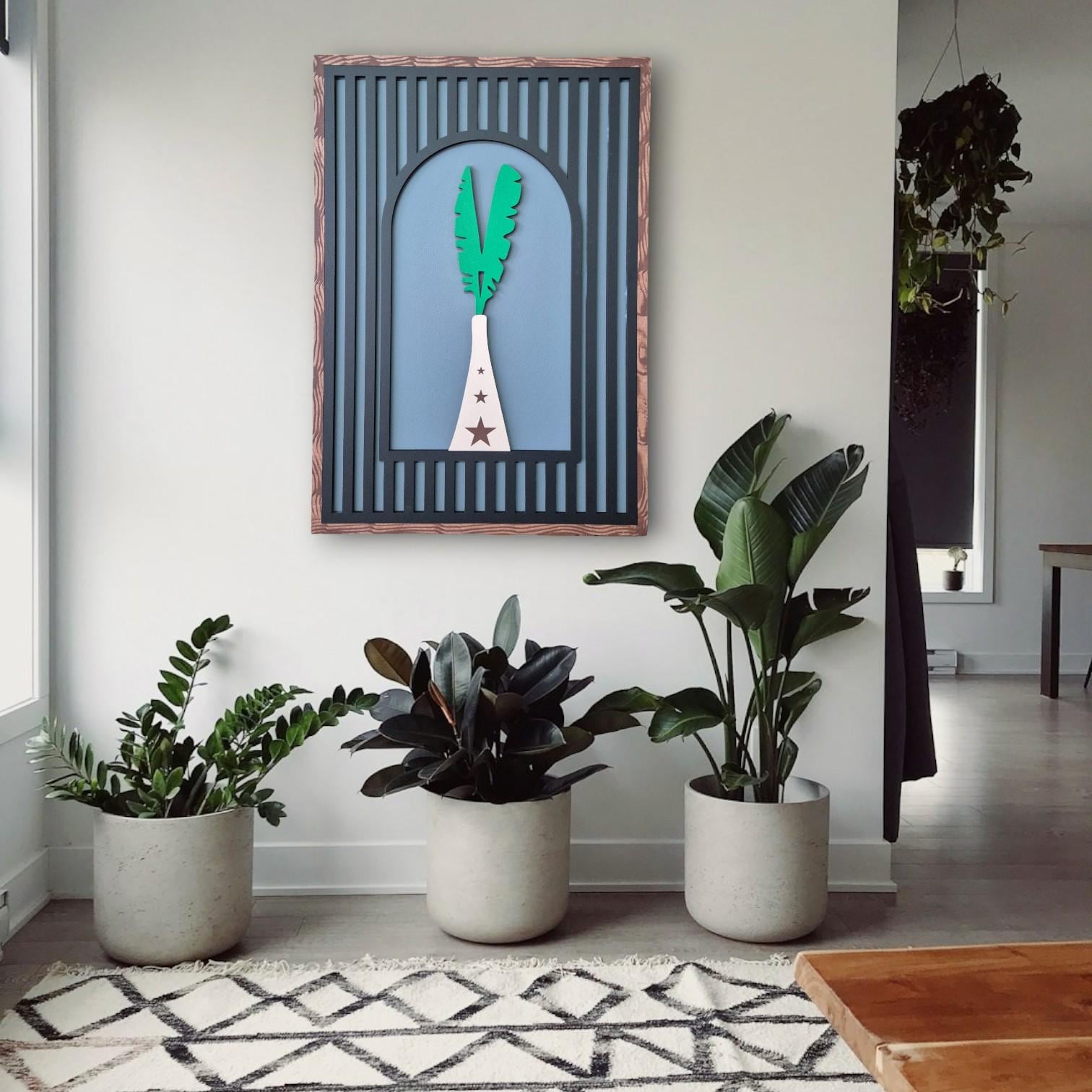 Modern Vase and Leaf Wooden Wall Art | Hand-Painted Acrylic Decor